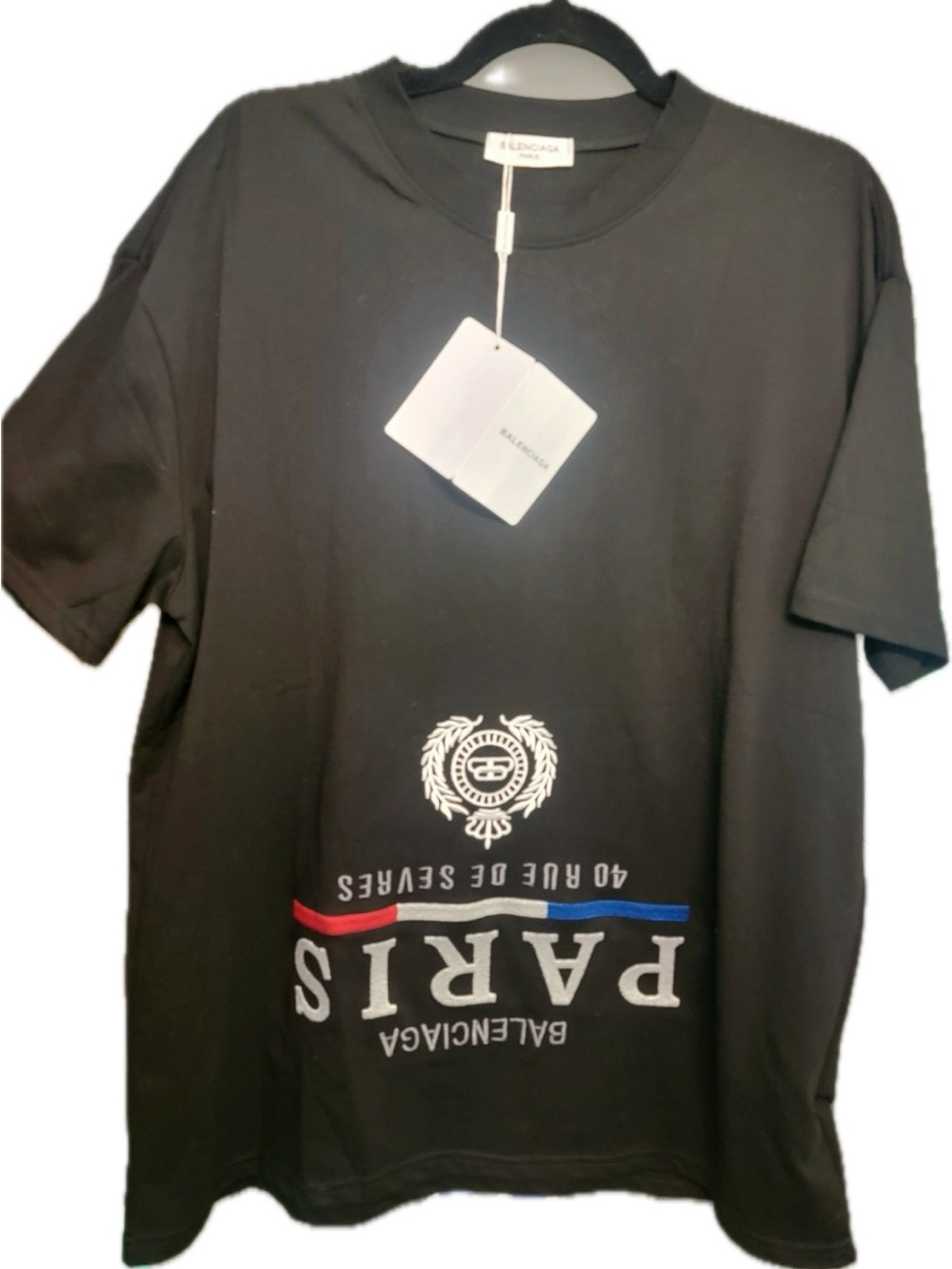 Balenciaga Black Short-Sleeve Paris Logo Tee with Red & Blue Stripe